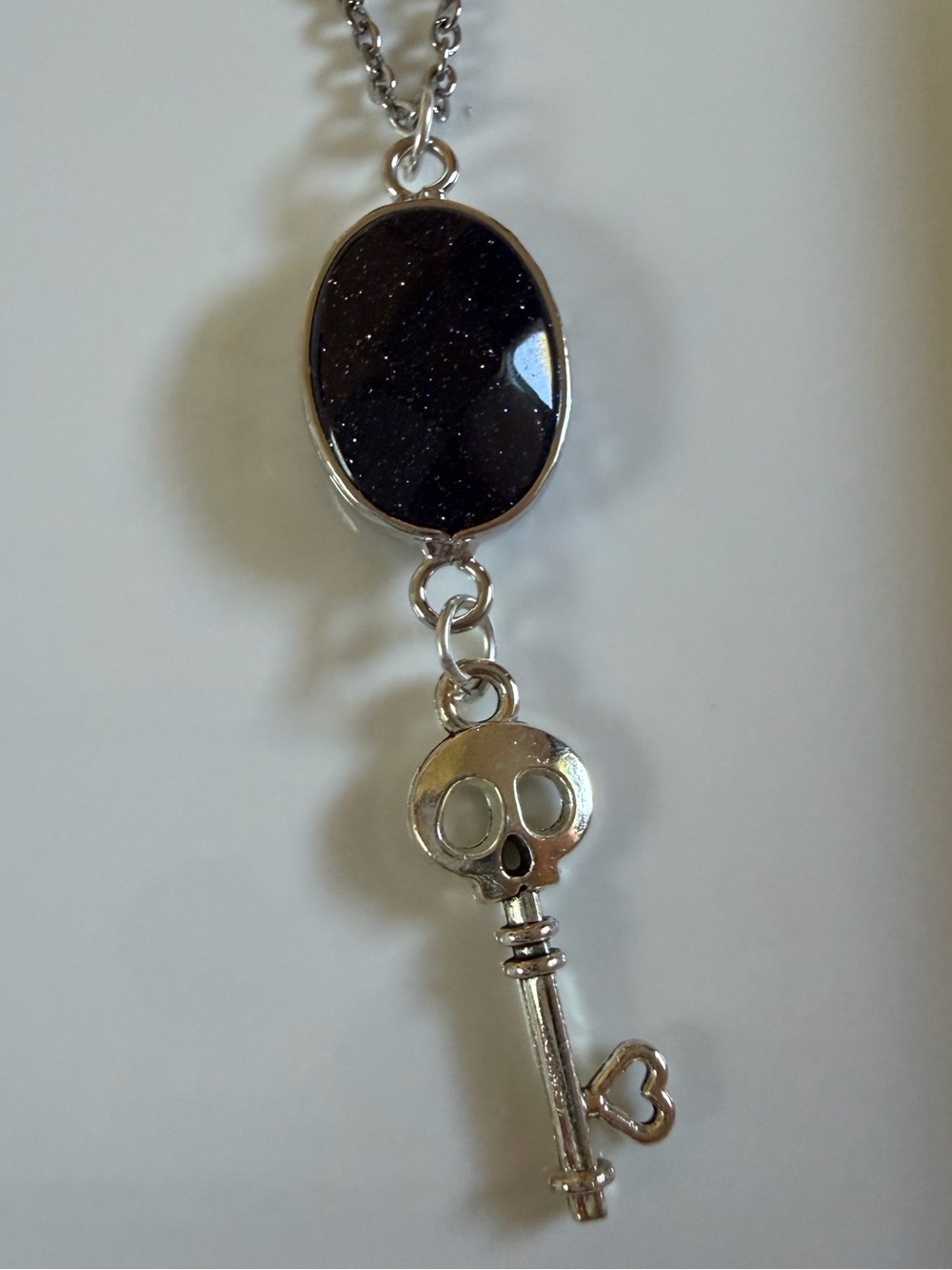 Silver Key Pendant Necklace with Black/ Purple Oval Stone - HANDMADE